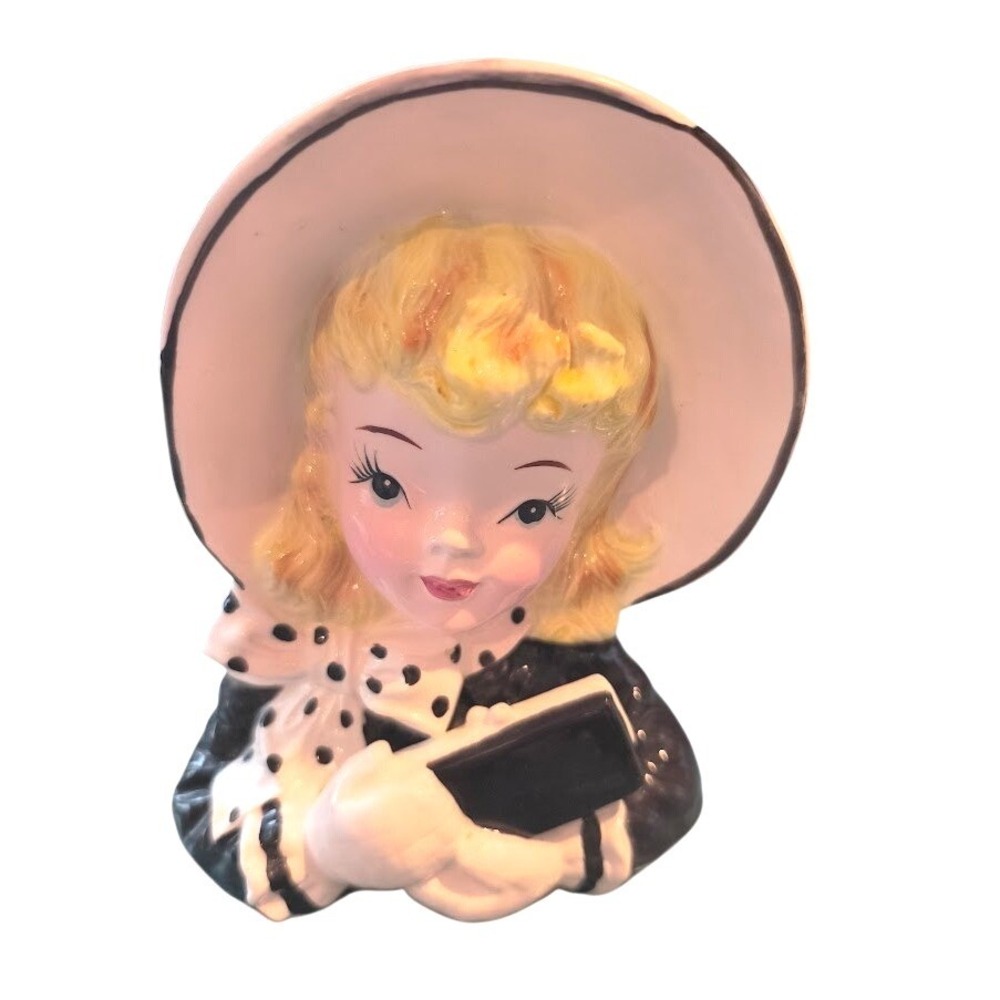 Vintage Norcrest Blond Lady Head Vase w/Book Ceramic Figurine E399 Black & White